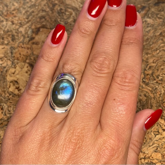 .925 Sterling Silver Blue Green Labradorite Ring Size 7 - Picture 5 of 12